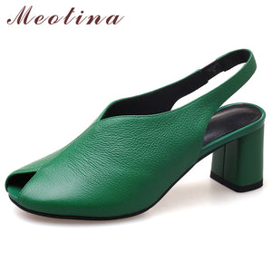 Meotina High Heels Women Pumps Natural Genuine Leather Block High Heels Shoes Cow Leather Peep Toe Shoes Ladies Green Size 34-39