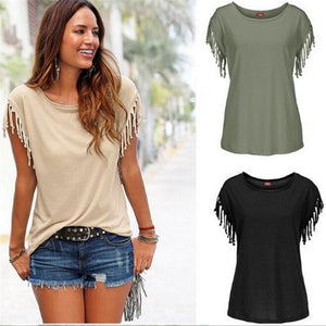 Women Cotton Tassel Casual T-shirt Sleeveless Solid Color Tees Short Sleeve O-neck Women's Clothing t shirt hot sales in 2019