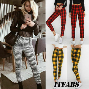 Classic Plaid Pants Women Zipper Skinny Denim Office Casual High Waist Jeggings Pencil Pants Trouser Streetwear