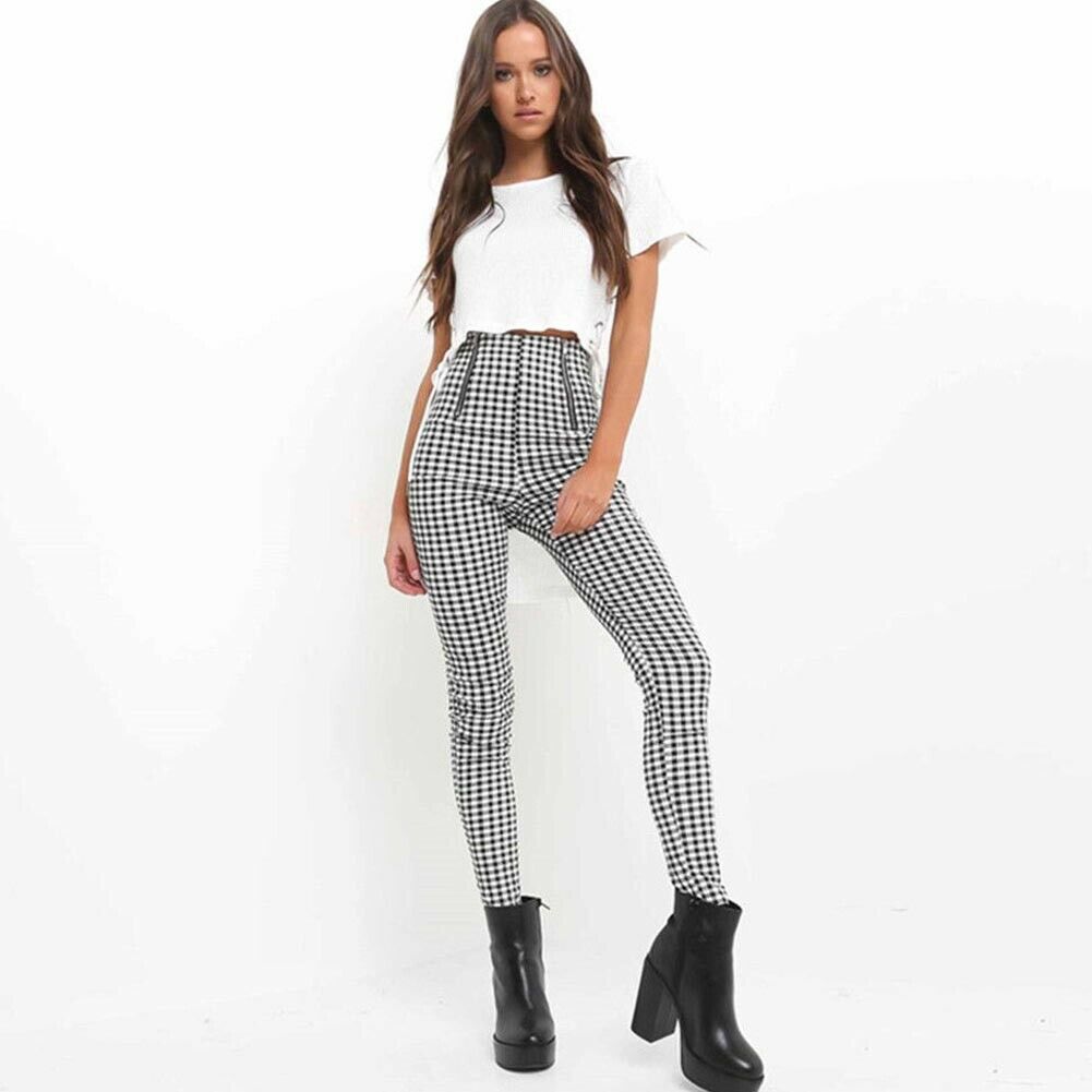 Classic Plaid Pants Women Zipper Skinny Denim Office Casual High Waist Jeggings Pencil Pants Trouser Streetwear