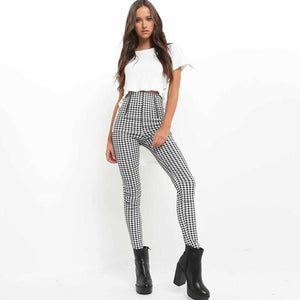 Classic Plaid Pants Women Zipper Skinny Denim Office Casual High Waist Jeggings Pencil Pants Trouser Streetwear
