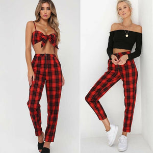 Classic Plaid Pants Women Zipper Skinny Denim Office Casual High Waist Jeggings Pencil Pants Trouser Streetwear