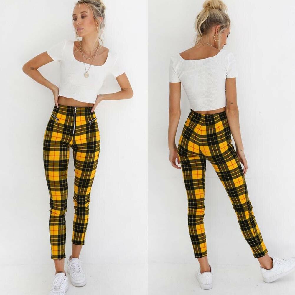 Classic Plaid Pants Women Zipper Skinny Denim Office Casual High Waist Jeggings Pencil Pants Trouser Streetwear