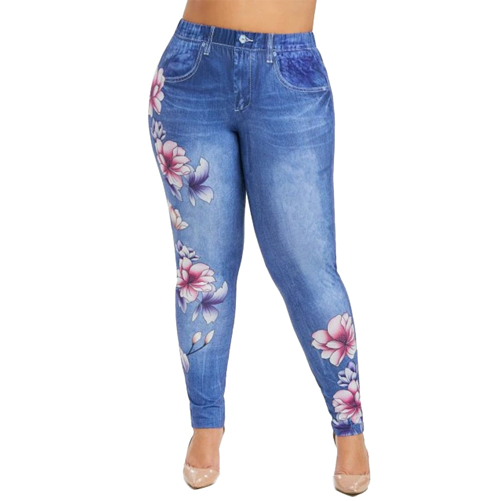 6XL Plus Size Women Floral Print Long Pant Imitation Denim Pants Ladies Zipper Tights Pant Female spodnie damskie Streetwear D30