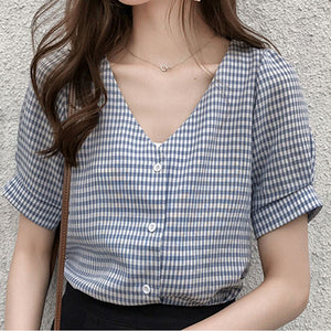 2018 Blouse Shirt Women's Korean Style V Neck Fashion Clothing Short Sleeve Women Tops And Blouses Female Clothes Stylish Ladies