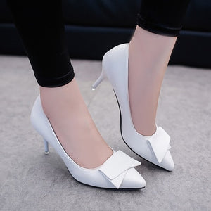 Temperament Elegant White High Heels Stiletto Womens Shoes Bow Pointed Single Shoes Red Wedding Shoes Professional Work Shoes