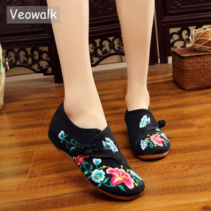 Veowalk Morning Glory Flower Embroidered Women's Canvas Ballet Flats Ladies Casual Comfort Denim Cotton Embroidery Women Shoes