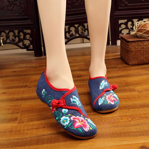 Veowalk Morning Glory Flower Embroidered Women's Canvas Ballet Flats Ladies Casual Comfort Denim Cotton Embroidery Women Shoes