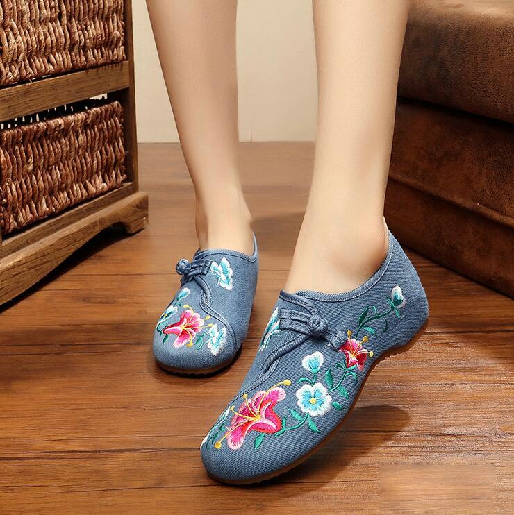 Veowalk Morning Glory Flower Embroidered Women's Canvas Ballet Flats Ladies Casual Comfort Denim Cotton Embroidery Women Shoes