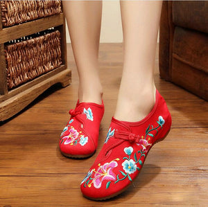 Veowalk Morning Glory Flower Embroidered Women's Canvas Ballet Flats Ladies Casual Comfort Denim Cotton Embroidery Women Shoes