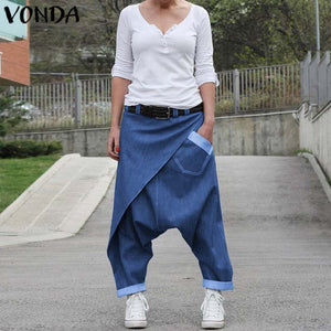 Women Casual Denim Harem Pants VONDA Fashion Summer Wide Leg Pants Bohemian Women's Trousers Plus Size Beach Streetwear 5XL