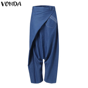 Women Casual Denim Harem Pants VONDA Fashion Summer Wide Leg Pants Bohemian Women's Trousers Plus Size Beach Streetwear 5XL