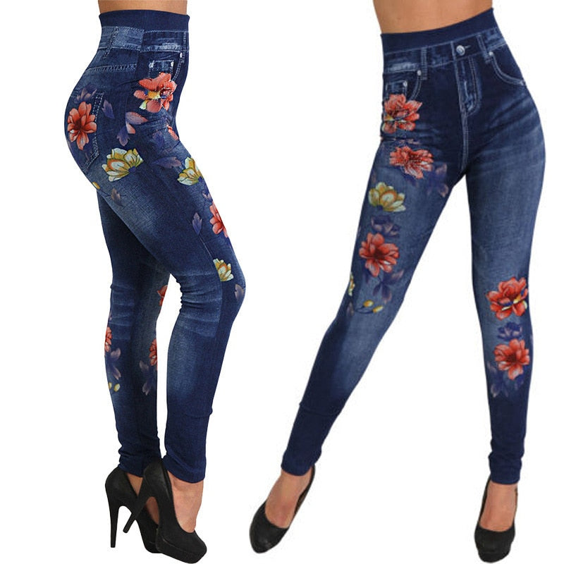 Women Super Elastic Jeggings Pencil Pants Winter High Waist Floral Faux Jeans Denim Slim Ladies Long Pants Female Leggings