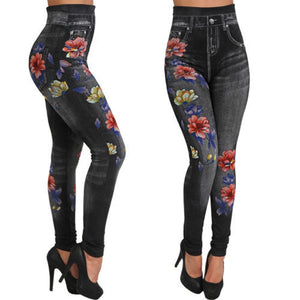 Women Super Elastic Jeggings Pencil Pants Winter High Waist Floral Faux Jeans Denim Slim Ladies Long Pants Female Leggings