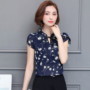 new 2019 fashion Print chiffon Women Blouse shirt sweet bow v collar Women's Clothing plus size summer Women Tops blusas 0010 30