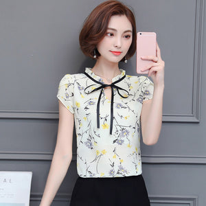 new 2019 fashion Print chiffon Women Blouse shirt sweet bow v collar Women's Clothing plus size summer Women Tops blusas 0010 30