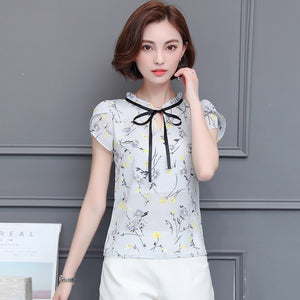 new 2019 fashion Print chiffon Women Blouse shirt sweet bow v collar Women's Clothing plus size summer Women Tops blusas 0010 30