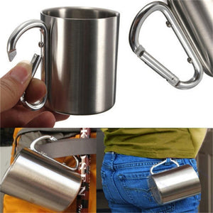 Outdoor Buckle Stainless Steel Water Tea Coffee Mug Self Lock Carabiner Handle Cup For Camping Hiking Climbing Portable