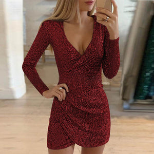 Hot Sexy Dress Silver Glitter Dresses for Women Deep V-Neck Sequin Mini Bodycon Dress Autumn Winter Long Sleeve Party Dress LL02