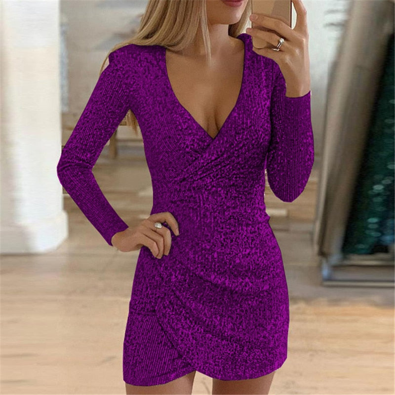 Hot Sexy Dress Silver Glitter Dresses for Women Deep V-Neck Sequin Mini Bodycon Dress Autumn Winter Long Sleeve Party Dress LL02