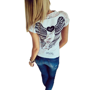 Summer Thin Fashion Shirt Female T-shirt Vest Angel Wings T-shirt Top Casual Women's Lace Short-sleeved Shirt T-shirt Clothing