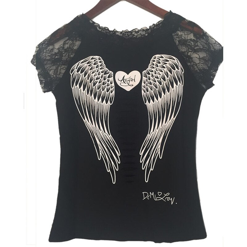 Summer Thin Fashion Shirt Female T-shirt Vest Angel Wings T-shirt Top Casual Women's Lace Short-sleeved Shirt T-shirt Clothing