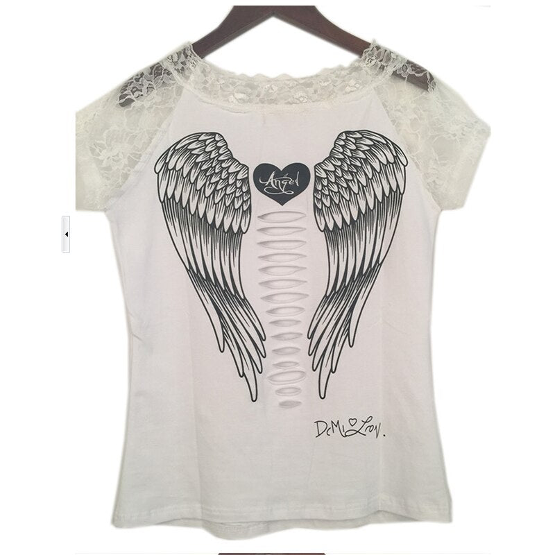 Summer Thin Fashion Shirt Female T-shirt Vest Angel Wings T-shirt Top Casual Women's Lace Short-sleeved Shirt T-shirt Clothing