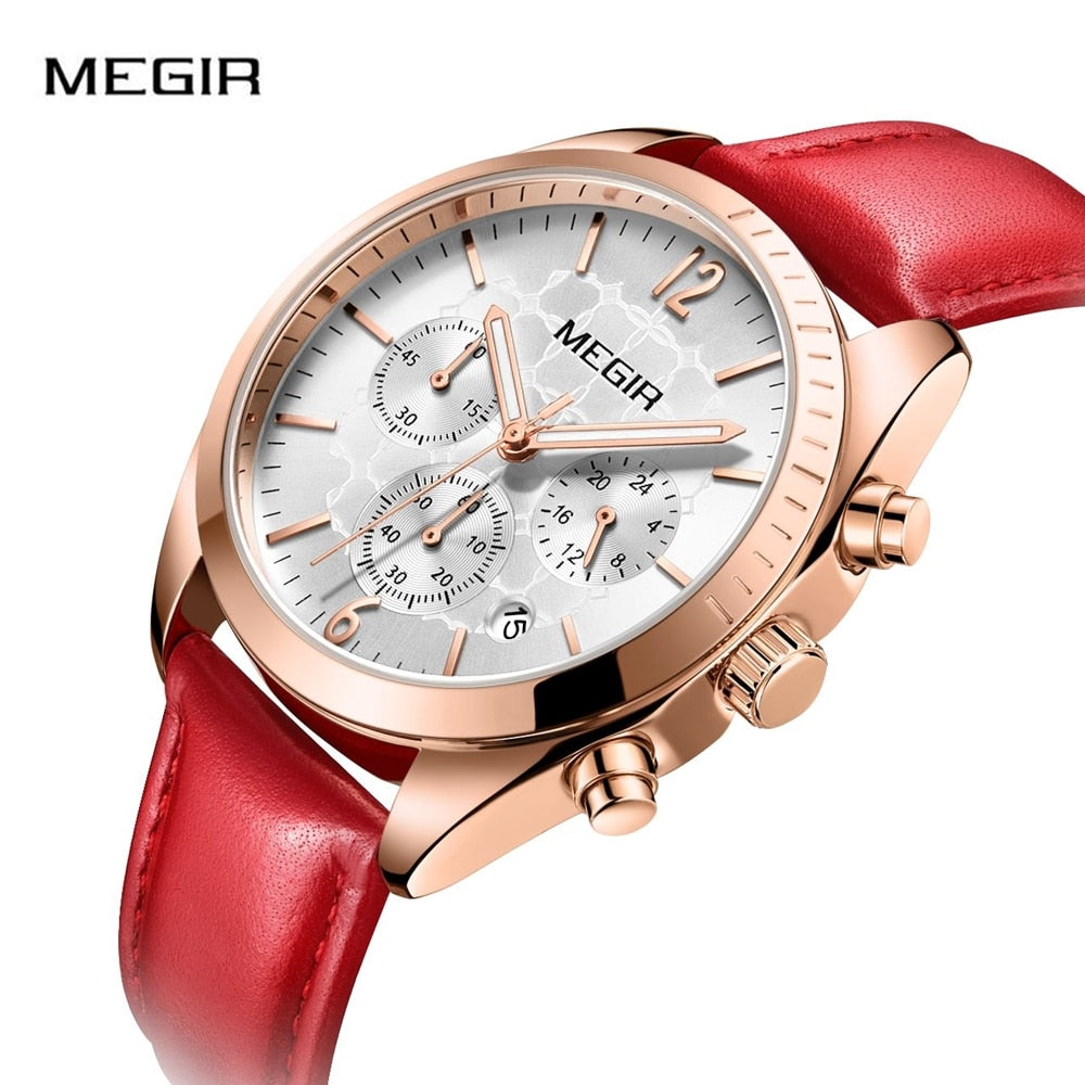 MEGIR Luxury Auto Date Quartz Ladies Watch  Leather  Fashion Watch Women Clock Reloj Mujer Women Watches Band Chronograph