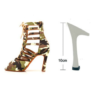 Ladingwu Salsa Dance Shoes Women Latin Soft Bottom Dance Boots Ballroom Dance Shoes Camouflage Texture Denim Latin Dance Shoes