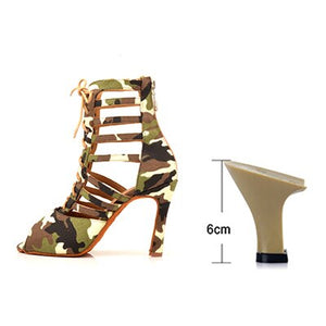 Ladingwu Salsa Dance Shoes Women Latin Soft Bottom Dance Boots Ballroom Dance Shoes Camouflage Texture Denim Latin Dance Shoes