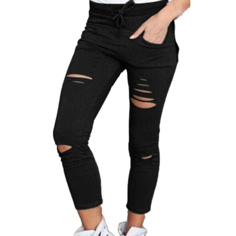 Women Fashion Denim Skinny Cut Pencil Pants High Waist Stretch Jeans Trousers Cotton Drawstring Slim Leggings Rk