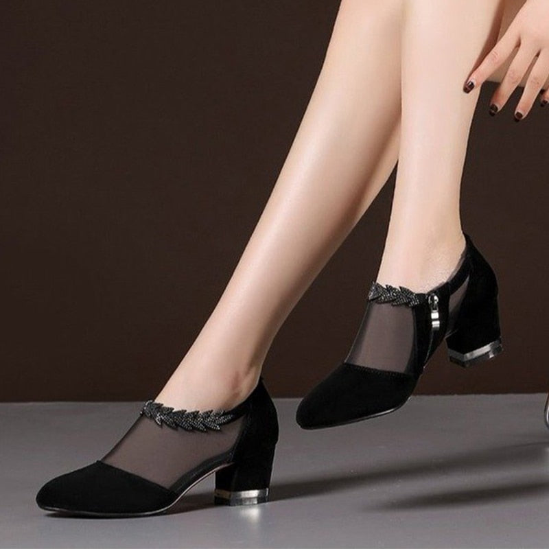 Women Crystal Lace Zip Mesh Pumps Woman High Heels Spring Female Shoes Classics Solid Platform Sandals Ladies Party Shoes 2020