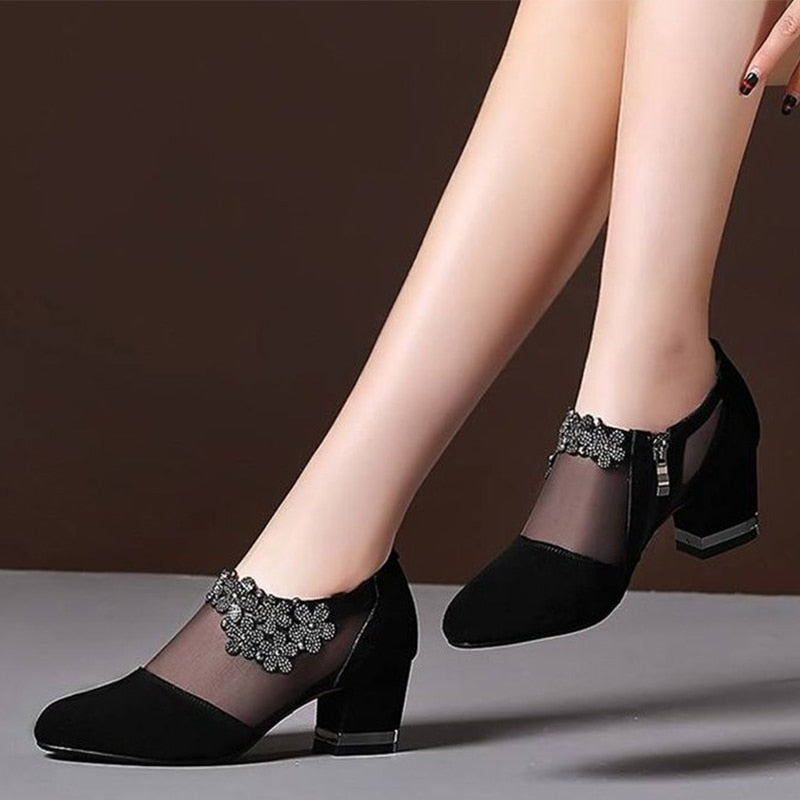 Women Crystal Lace Zip Mesh Pumps Woman High Heels Spring Female Shoes Classics Solid Platform Sandals Ladies Party Shoes 2020