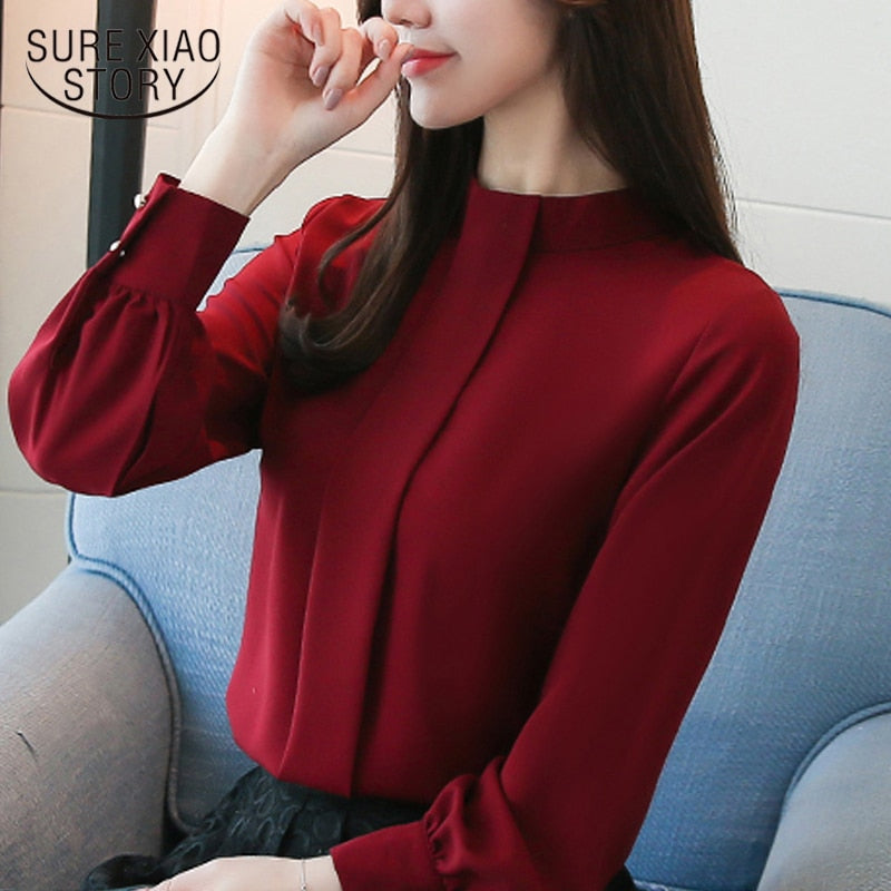 New 2018 Long Sleeve Women Blouses shirt Fashion Casual Chiffon OL blouse women's clothing stand neck women Tops blusas D456 30