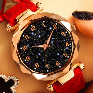 Luxury Starry Sky Watch For Women Fashion Ladies Quartz Wristwatch Red Leather Waterproof Clock relogio feminino zegarek damski