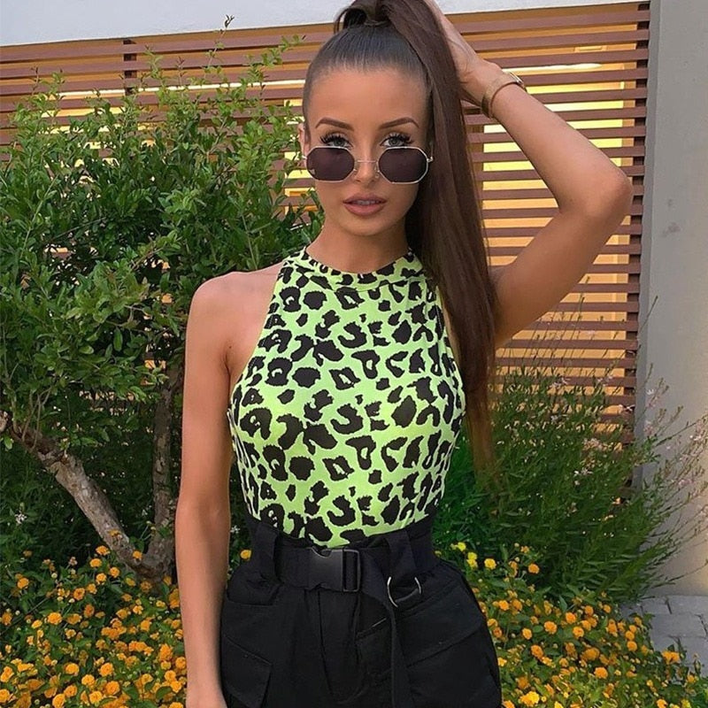 2018 Spring and Autumn Fashion Sexy Fluorescent Leopard Print Rompers Women Jumpsuit Pink Bodysuit Women's Clothing