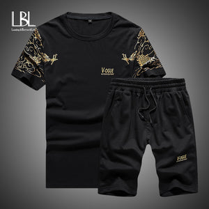 Summer 2PC Set Men EUR/US Size Short Sleeve T Shirts Two Piece Tops+ Shorts Suit Sportswear Set Mens Short Sets Male Tracksuit