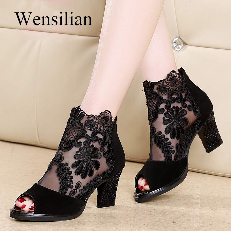 Summer Peep Toe Sandals Sexy Heels Ladies Pumps Square Heels Sweet Lace Wedding Party Shoes Black Sandalia De Festa Plus Size 43