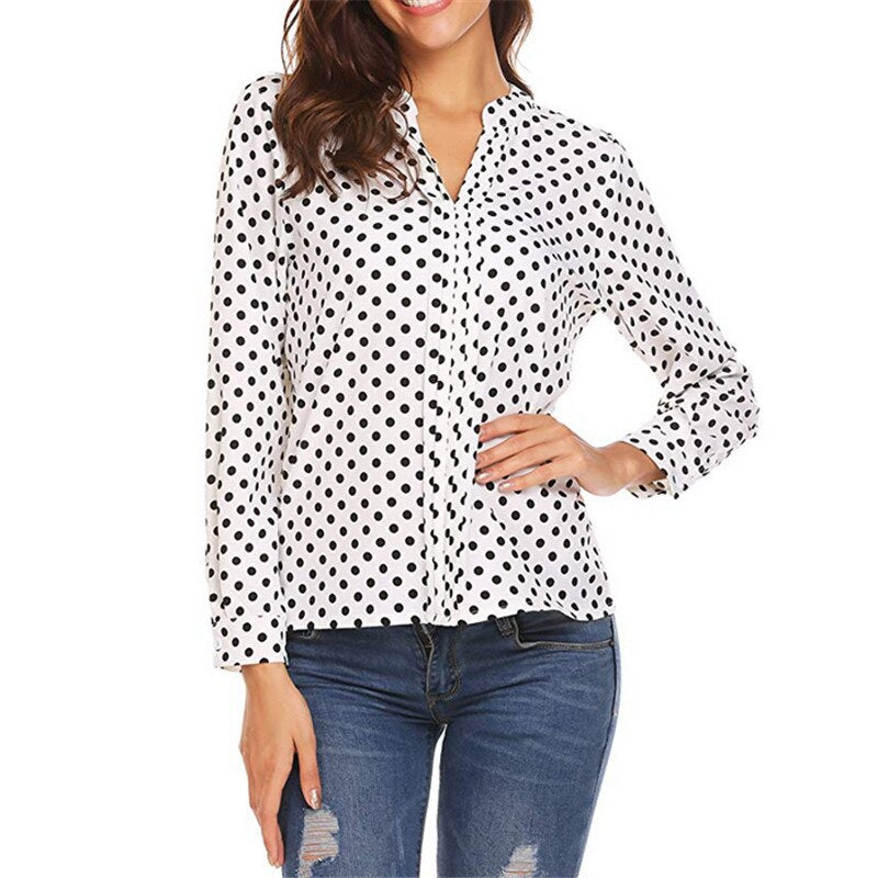 Spring Large Size Women Polka Dot White Black Blouses Long Sleeve V-neck Casual Loose Shirts Fashion Women's Clothing Top 2020