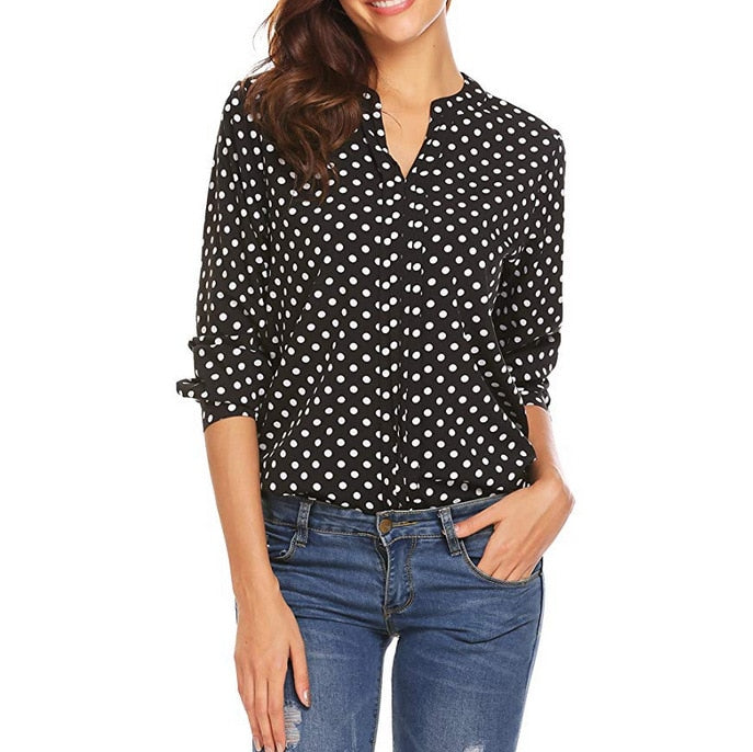 Spring Large Size Women Polka Dot White Black Blouses Long Sleeve V-neck Casual Loose Shirts Fashion Women's Clothing Top 2020