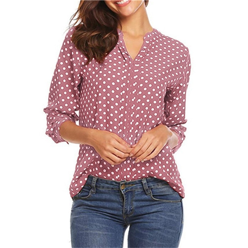 Spring Large Size Women Polka Dot White Black Blouses Long Sleeve V-neck Casual Loose Shirts Fashion Women's Clothing Top 2020