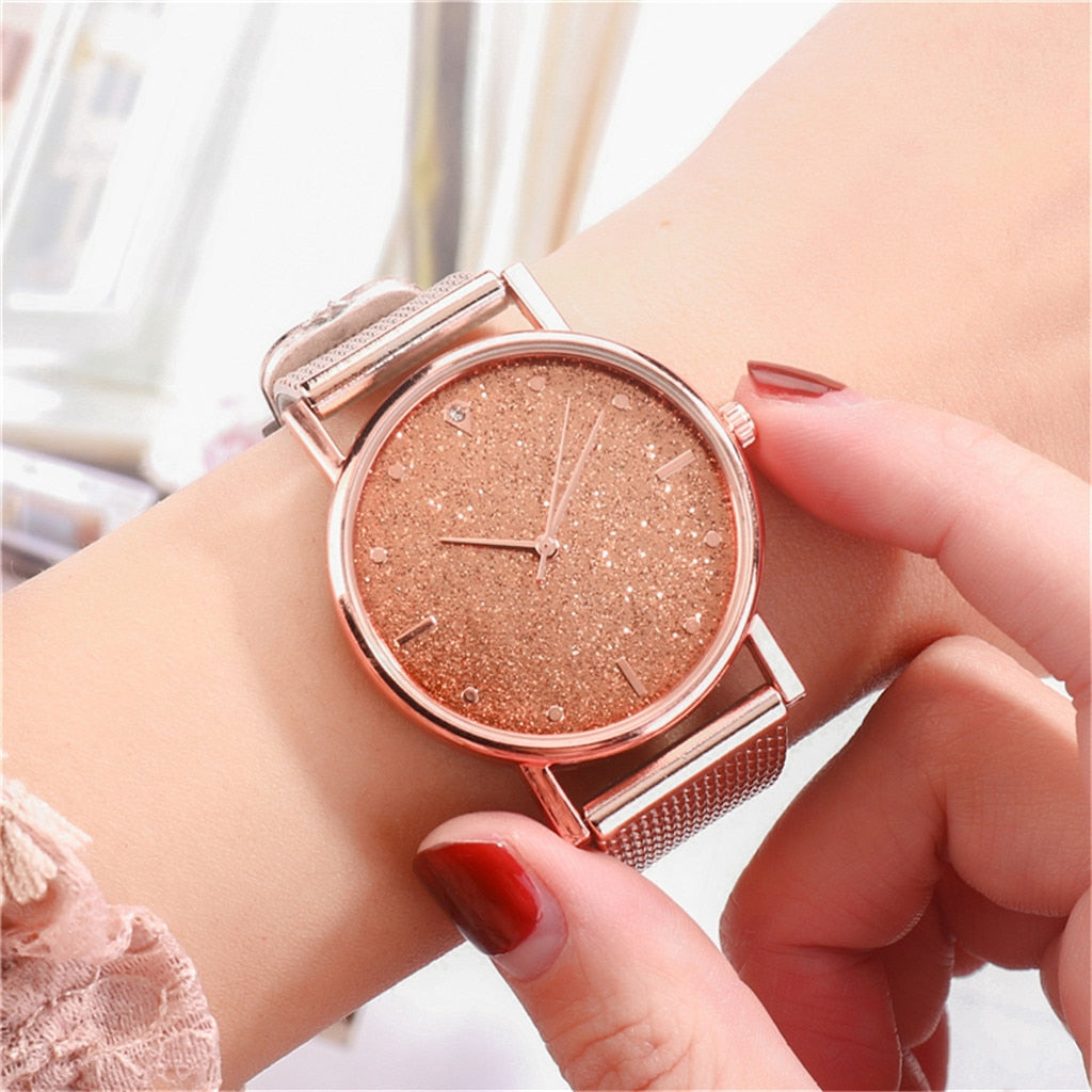 Reloj Mujer Watch Women Fashion Luxury Starry Sky Casual Rose Gold Quartz Wristatch Ladies Clock Simple Dress Gift Montre Femme