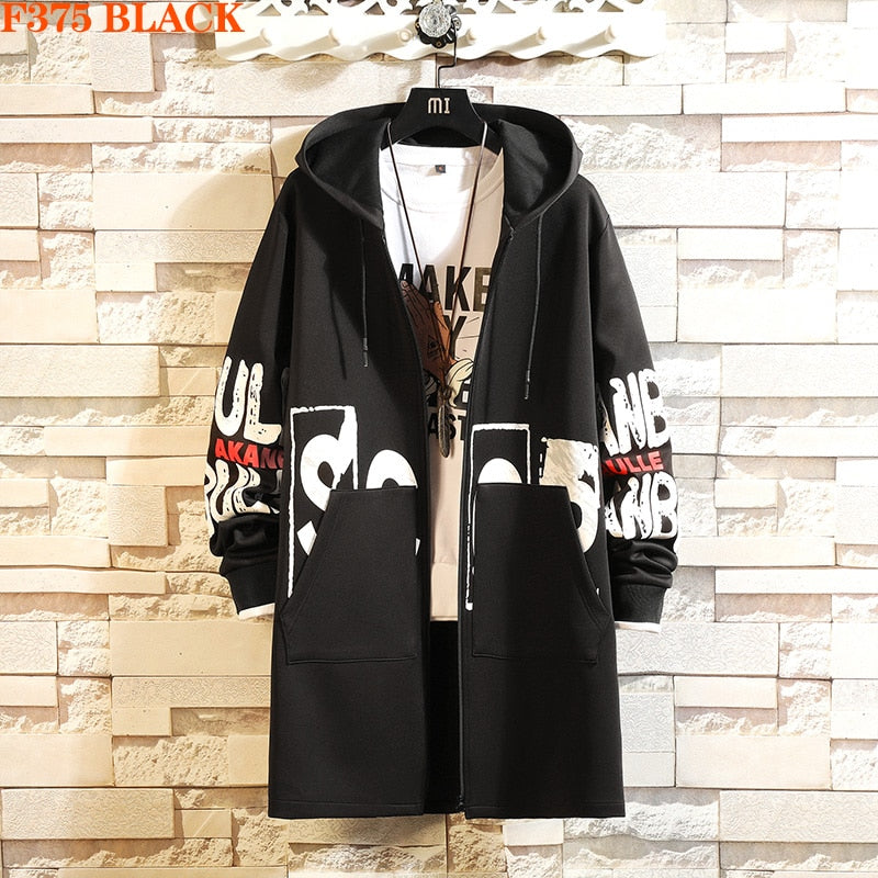 Winter Slim Long Trench Coat Men Letter Print Military Style Hooded Overcoat Black Hip Hop Streetwear Autumn Korean Mens Jacket