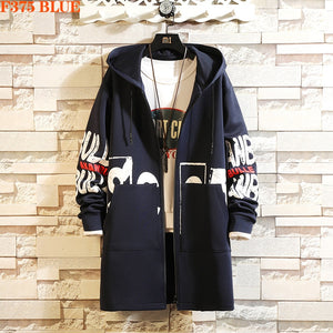 Winter Slim Long Trench Coat Men Letter Print Military Style Hooded Overcoat Black Hip Hop Streetwear Autumn Korean Mens Jacket