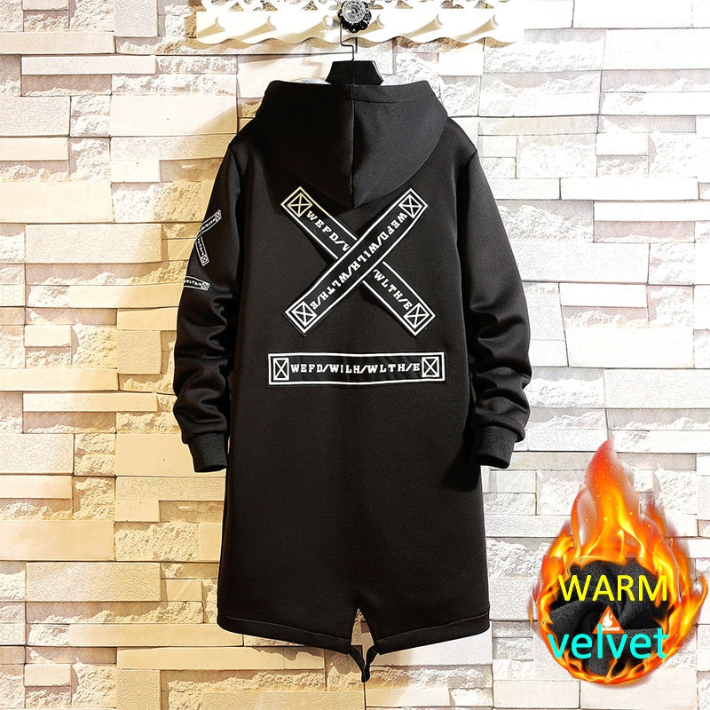 Winter Slim Long Trench Coat Men Letter Print Military Style Hooded Overcoat Black Hip Hop Streetwear Autumn Korean Mens Jacket