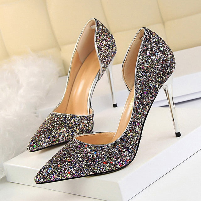 LAKESHI Women Pumps Sexy Wedding Shoes Bling Extreme High Heels Women Heel Shoes Gold Sequins Gradient Stiletto Ladies Shoes