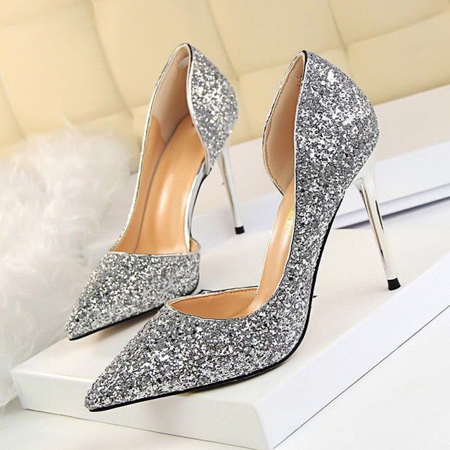 LAKESHI Women Pumps Sexy Wedding Shoes Bling Extreme High Heels Women Heel Shoes Gold Sequins Gradient Stiletto Ladies Shoes