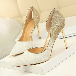 LAKESHI Women Pumps Sexy Wedding Shoes Bling Extreme High Heels Women Heel Shoes Gold Sequins Gradient Stiletto Ladies Shoes