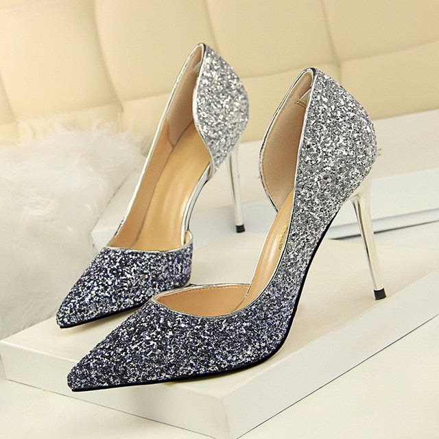 LAKESHI Women Pumps Sexy Wedding Shoes Bling Extreme High Heels Women Heel Shoes Gold Sequins Gradient Stiletto Ladies Shoes