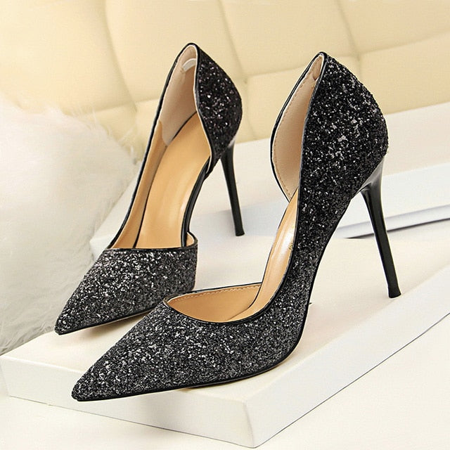 LAKESHI Women Pumps Sexy Wedding Shoes Bling Extreme High Heels Women Heel Shoes Gold Sequins Gradient Stiletto Ladies Shoes